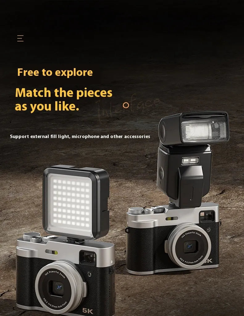 Black and brown 5K digital camera with dual lenses and optical viewfinder on display