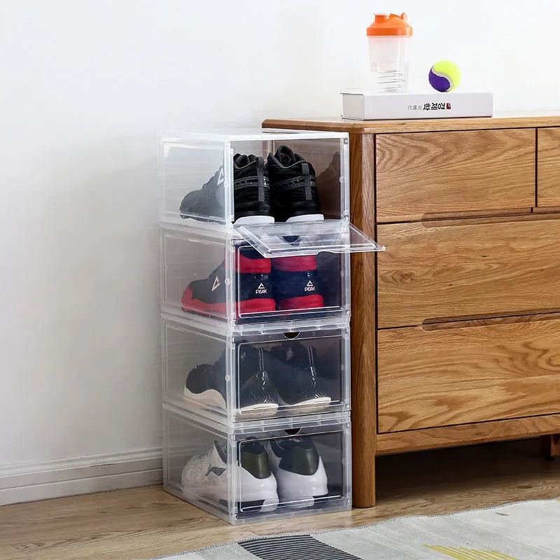 Folding PP plastic sneaker storage box, black, outer dimensions 34 x 25 x 18.2 cm, stacked shoe cabinet