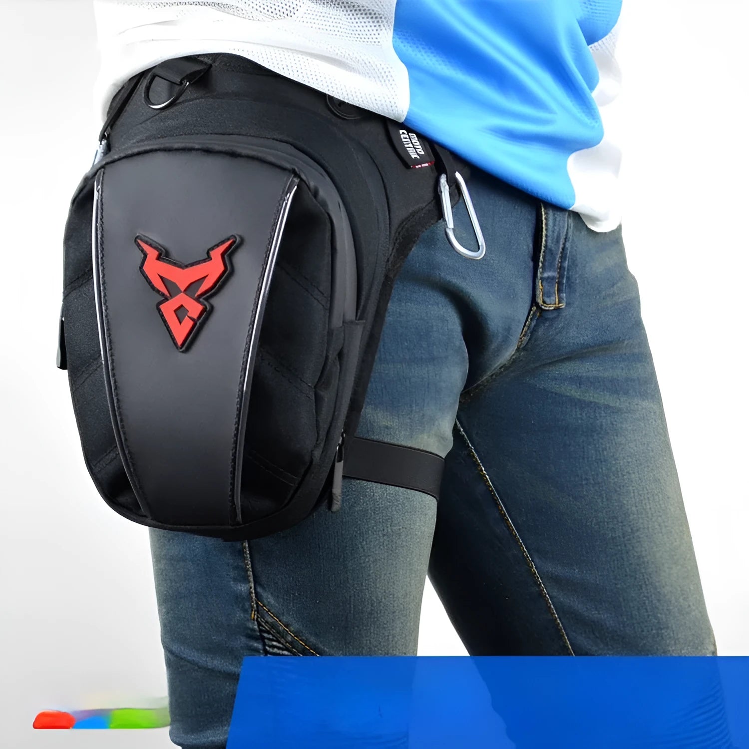 Motorcycle rider wearing a grey leg bag made from 1200D Oxford cloth.