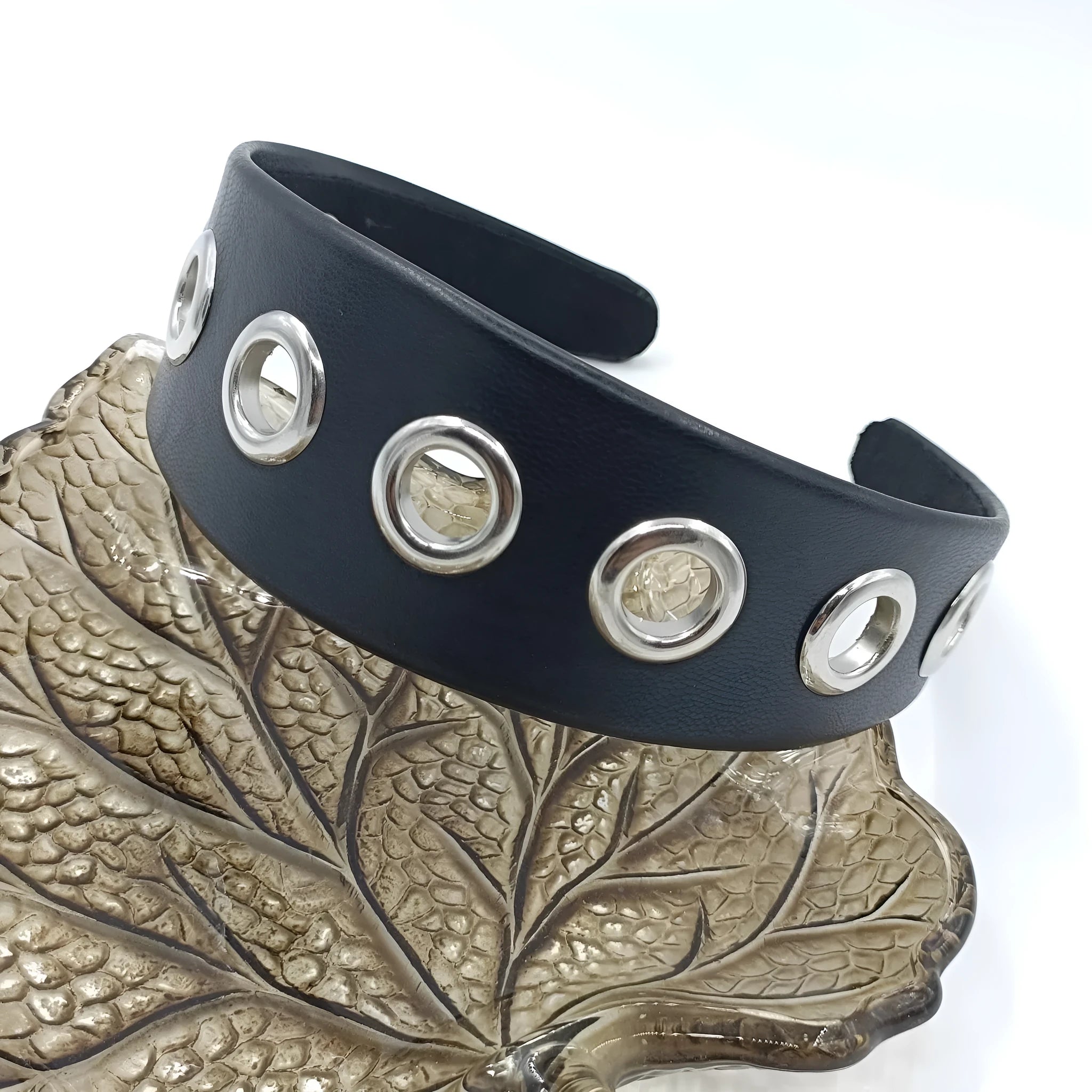 Black handmade artificial leather wide headband with punk style round and square rivets