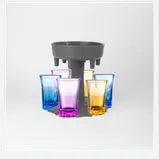 6-port wine dispenser with funnel and six cups in blue, grey, and pink colour options