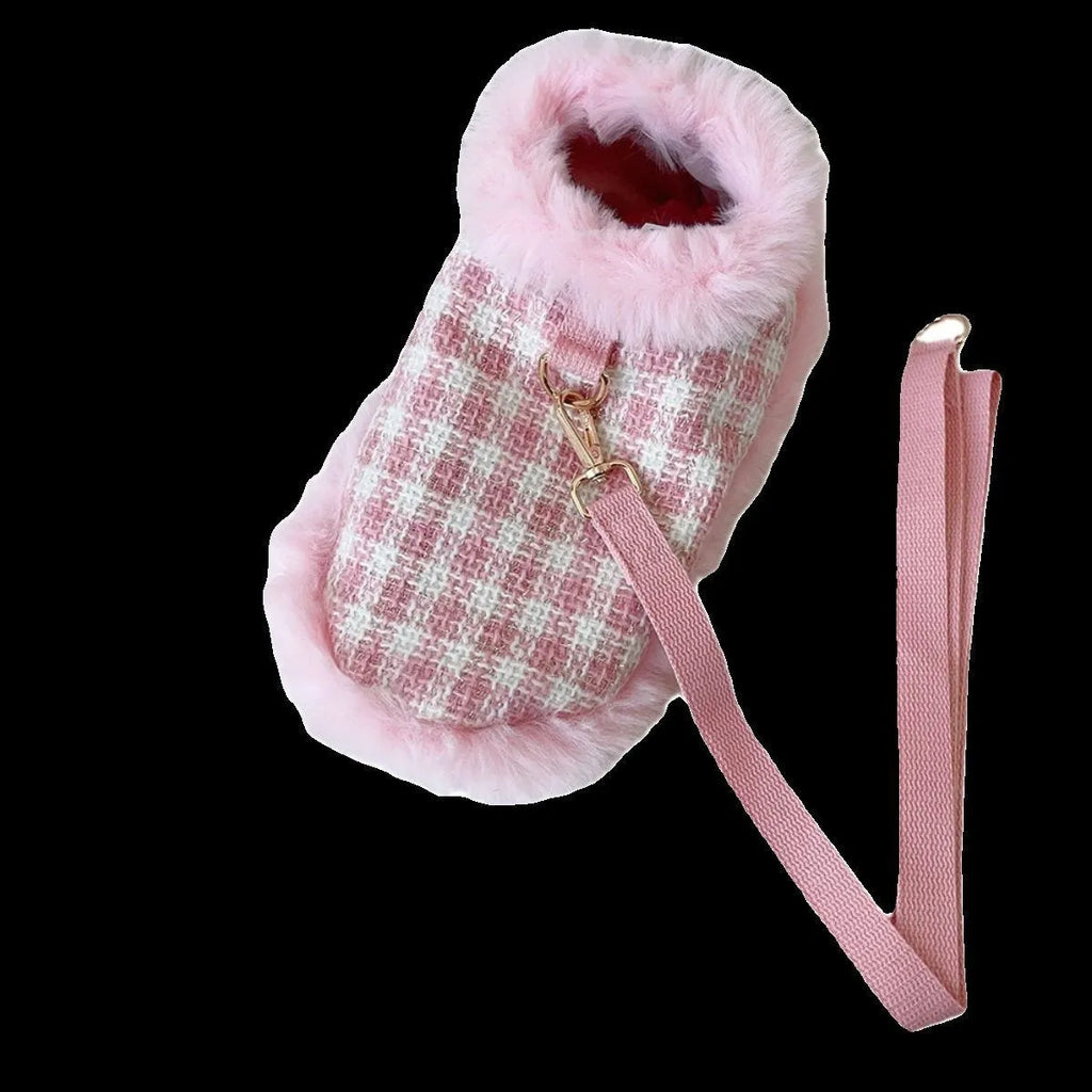 Pink polyester cat clothing set with beret and cape, showing chest and back traction design