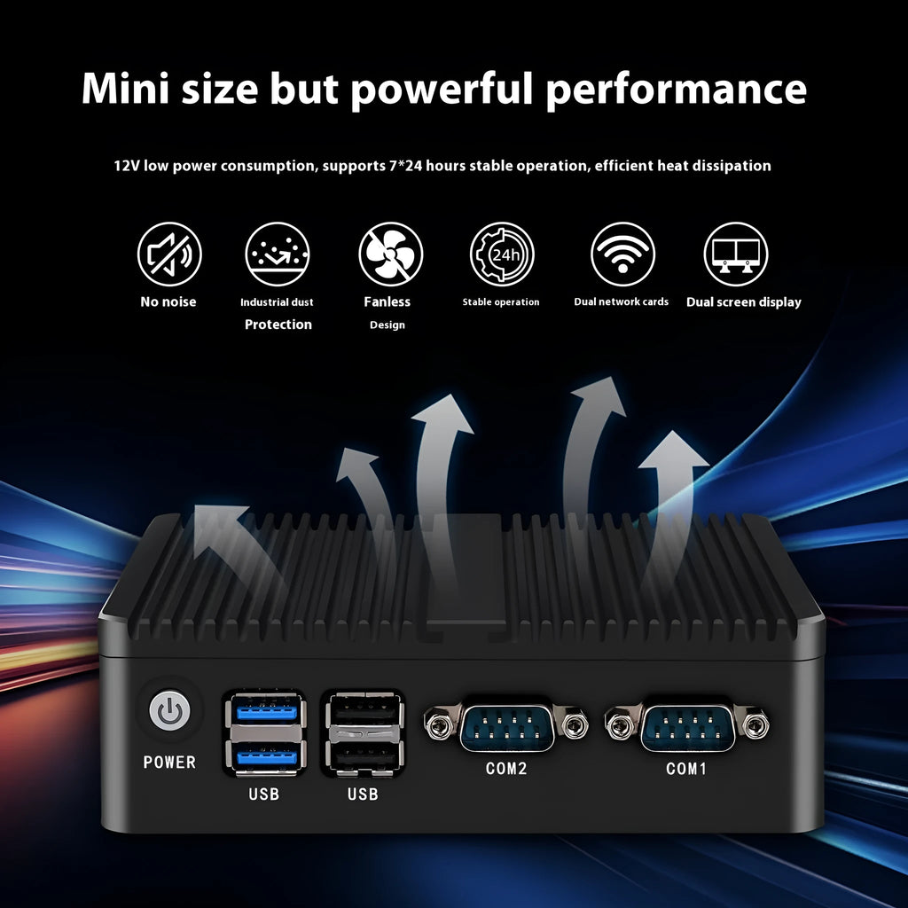 Compact fanless industrial control mini-PC with metal chassis, measuring 13.6 by 12.7 by 4 centimetres.