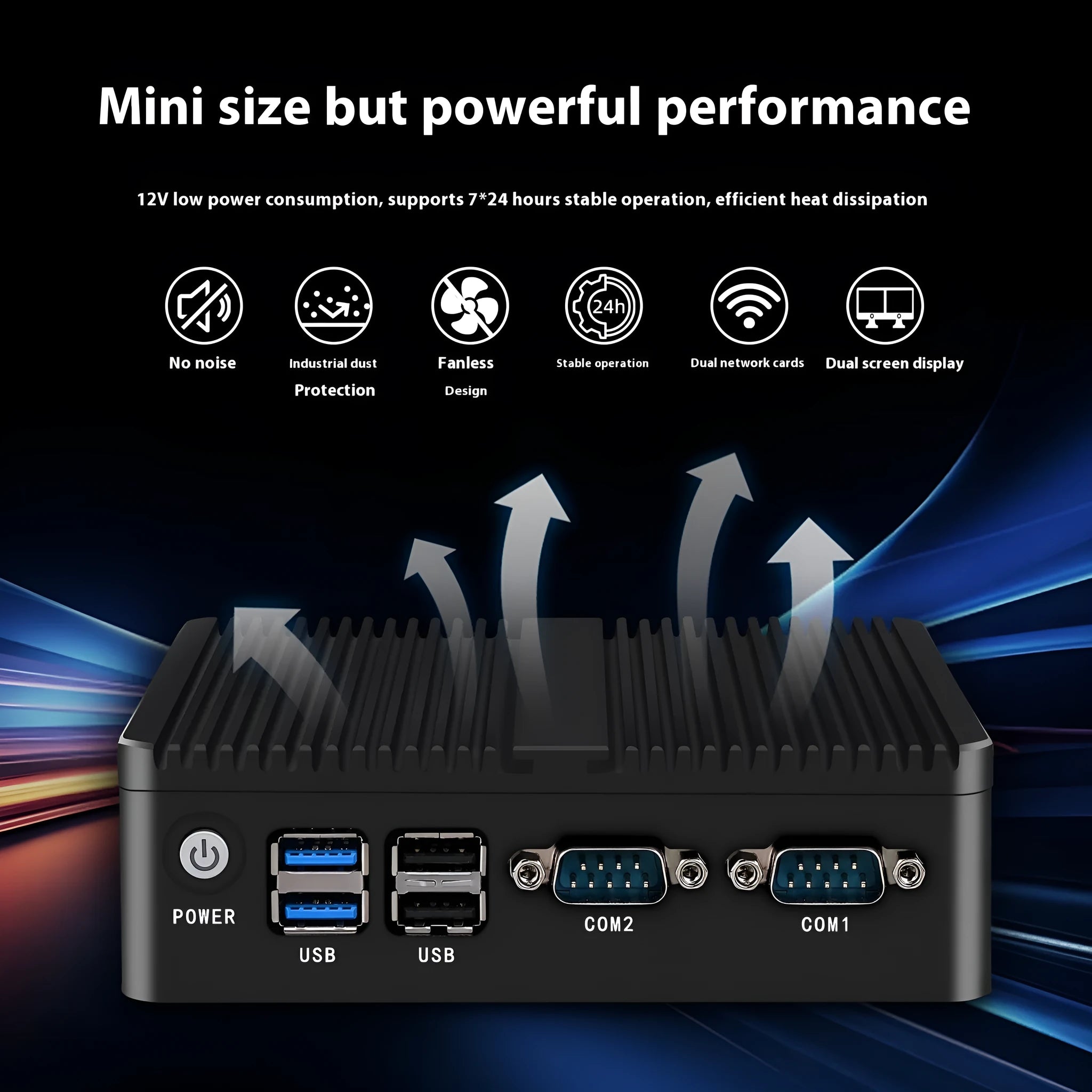 Compact fanless industrial control mini-PC with metal chassis, measuring 13.6 by 12.7 by 4 centimetres.