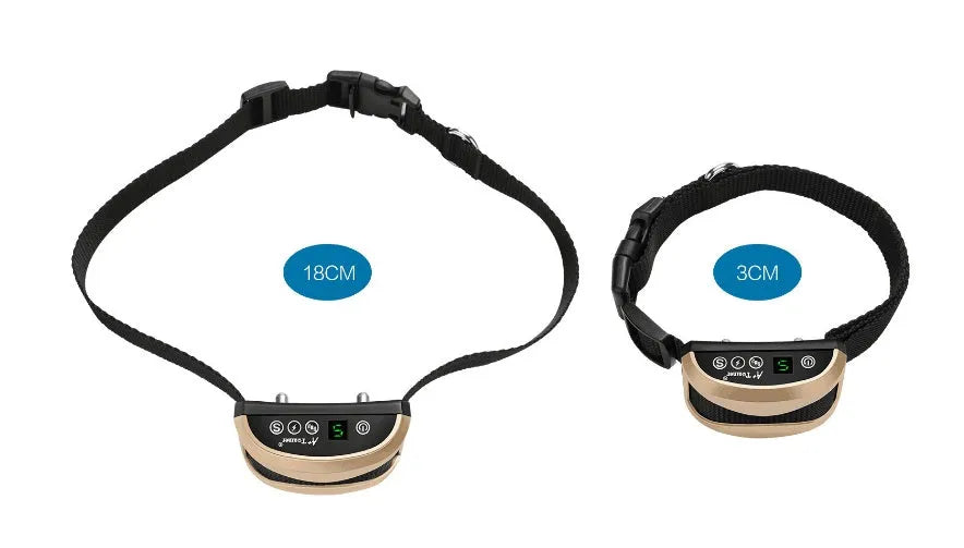 Digital dog training collar with adjustable strap showing display screen, in black, gold, or silver.