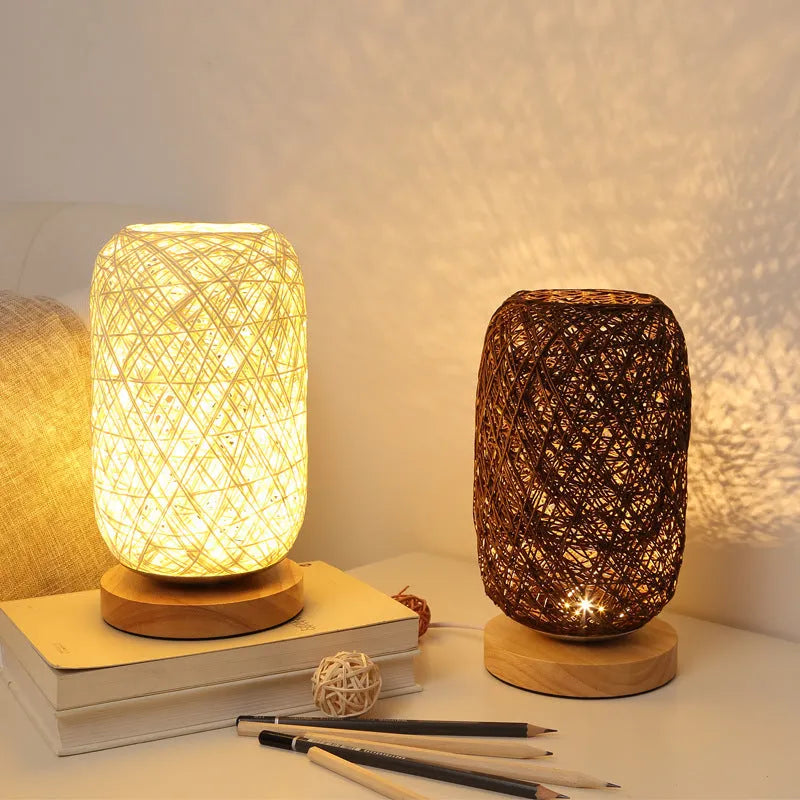 Natural hemp twine Sepak Takraw desk lamp with solid wood base in brown colour