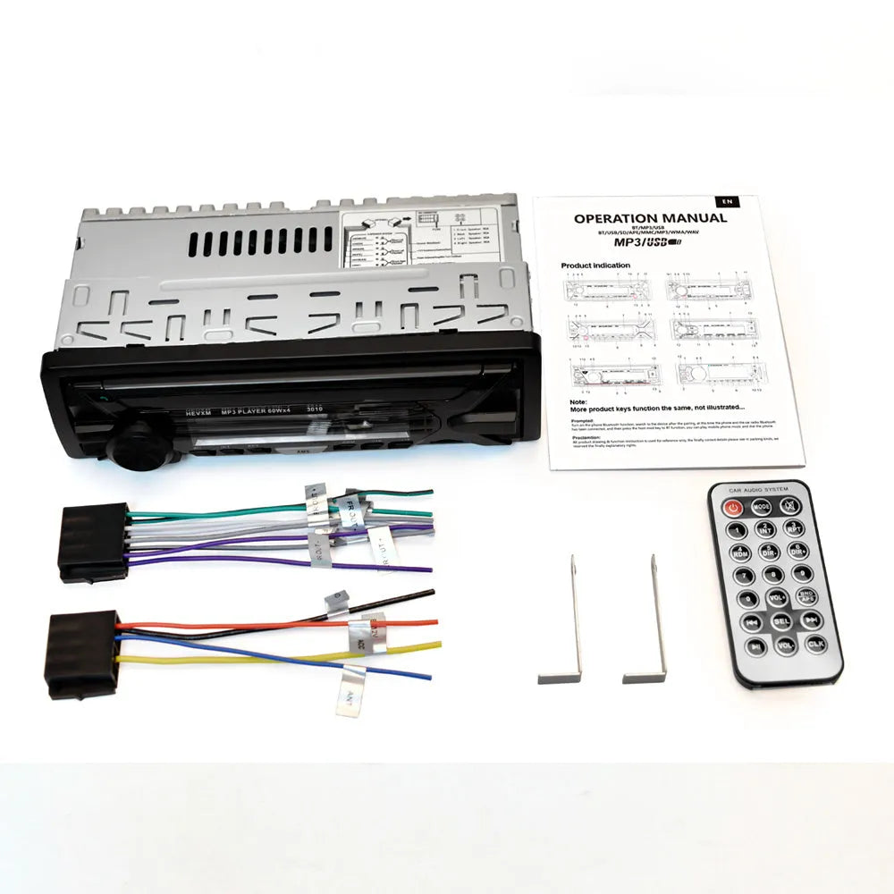 Car radio MP3 player with Bluetooth, LCD display, rotary volume knob, USB and TF card slots.