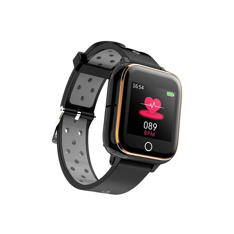 Black smart watch with integrated Bluetooth earphones showing heart rate display on 1.4-inch screen
