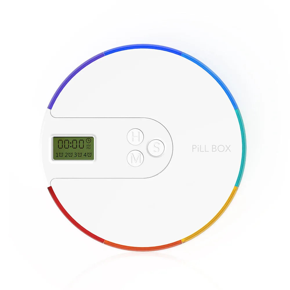 7-compartment alarm clock pill dispenser with programmable timer showing eight colour options