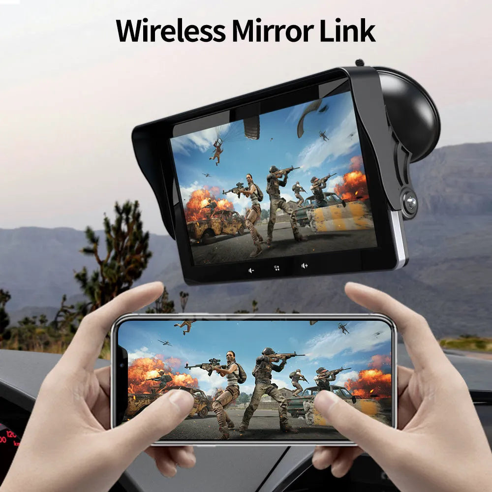 7-inch car wireless CarPlay display with suction cup mount and cigarette lighter power interface