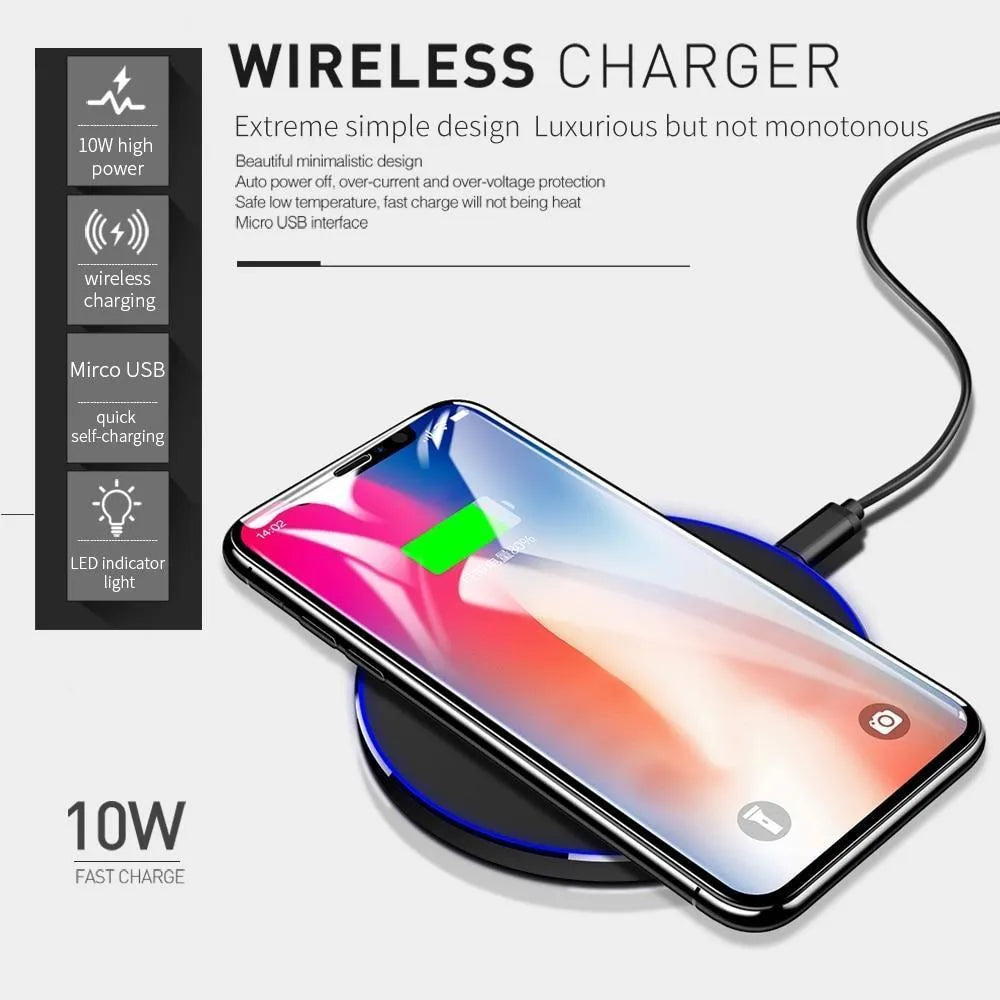 Black ultra-thin QI wireless fast charging pad with 98mm square dimensions and slim profile