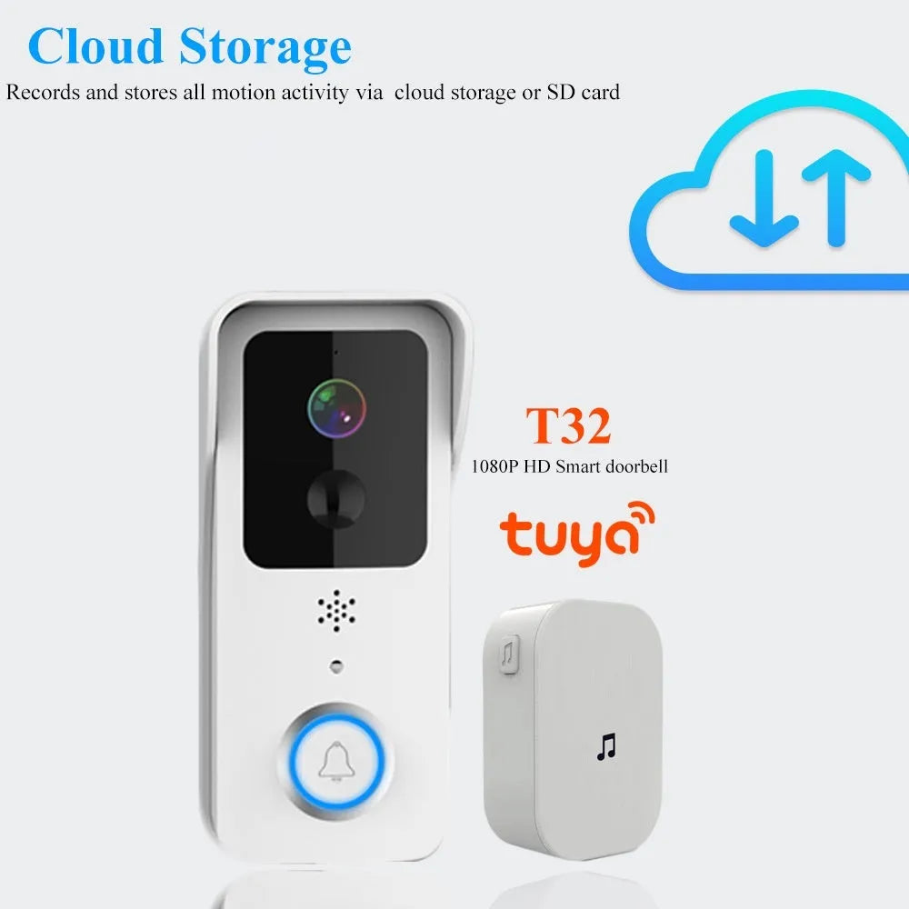 White waterproof HD visual doorbell with intercom, camera, and 18650 battery for home security