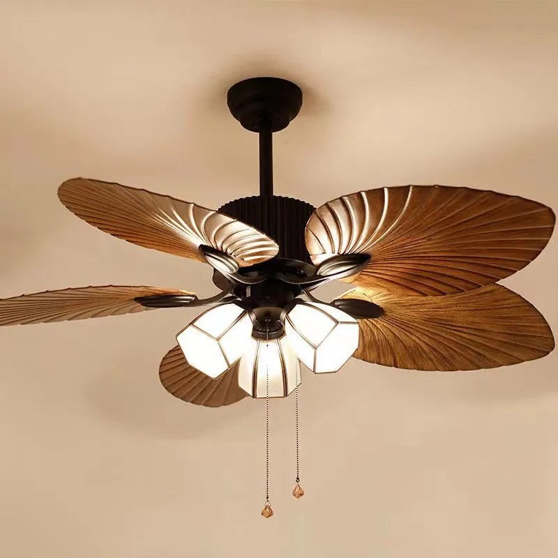 Retro-style ceiling fan light with wooden blades and five copper lampshades