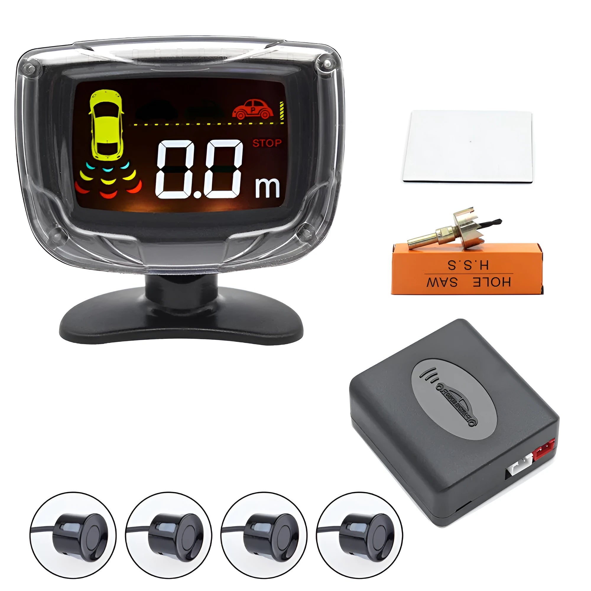 Wireless vehicle reversing sensor kit with LED display unit, four colour probes, power cable, and installation tools.