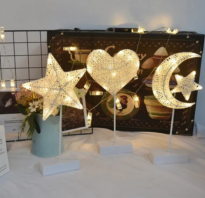 Rattan LED decorative lamp in star, heart or moon shape with warm white illumination