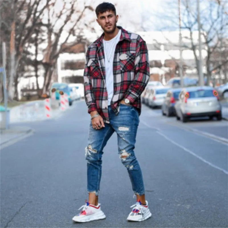 Men's deep blue cotton jeans showing front view with traditional five-pocket design