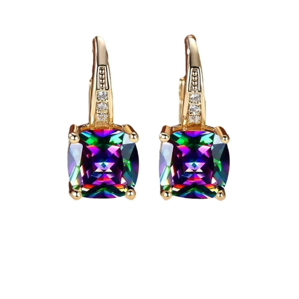 Square geometric ear clips with colourful moissanite inlays and electroplated gold finish