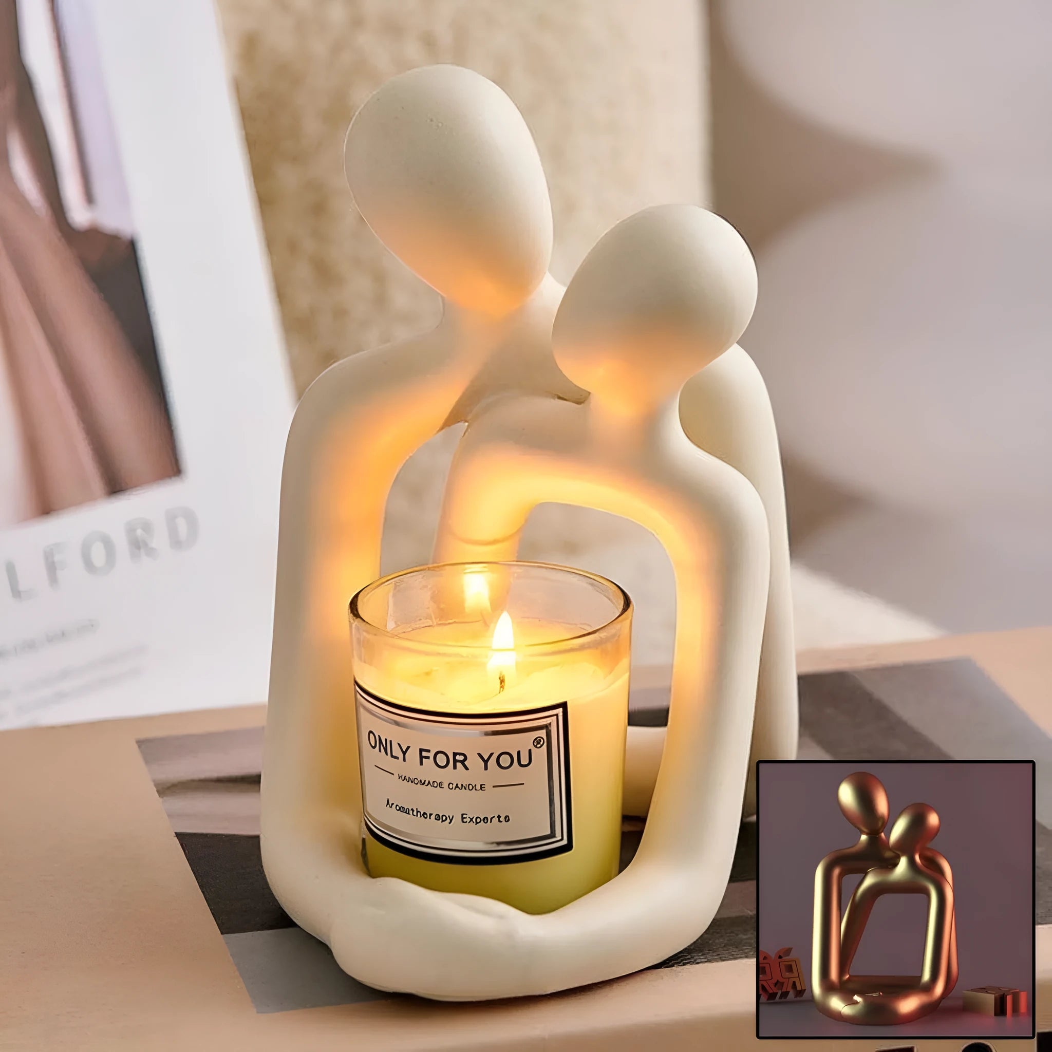 Modern resin sculpture of an embracing couple, available in milky white or gold, for shelf or desk decor.