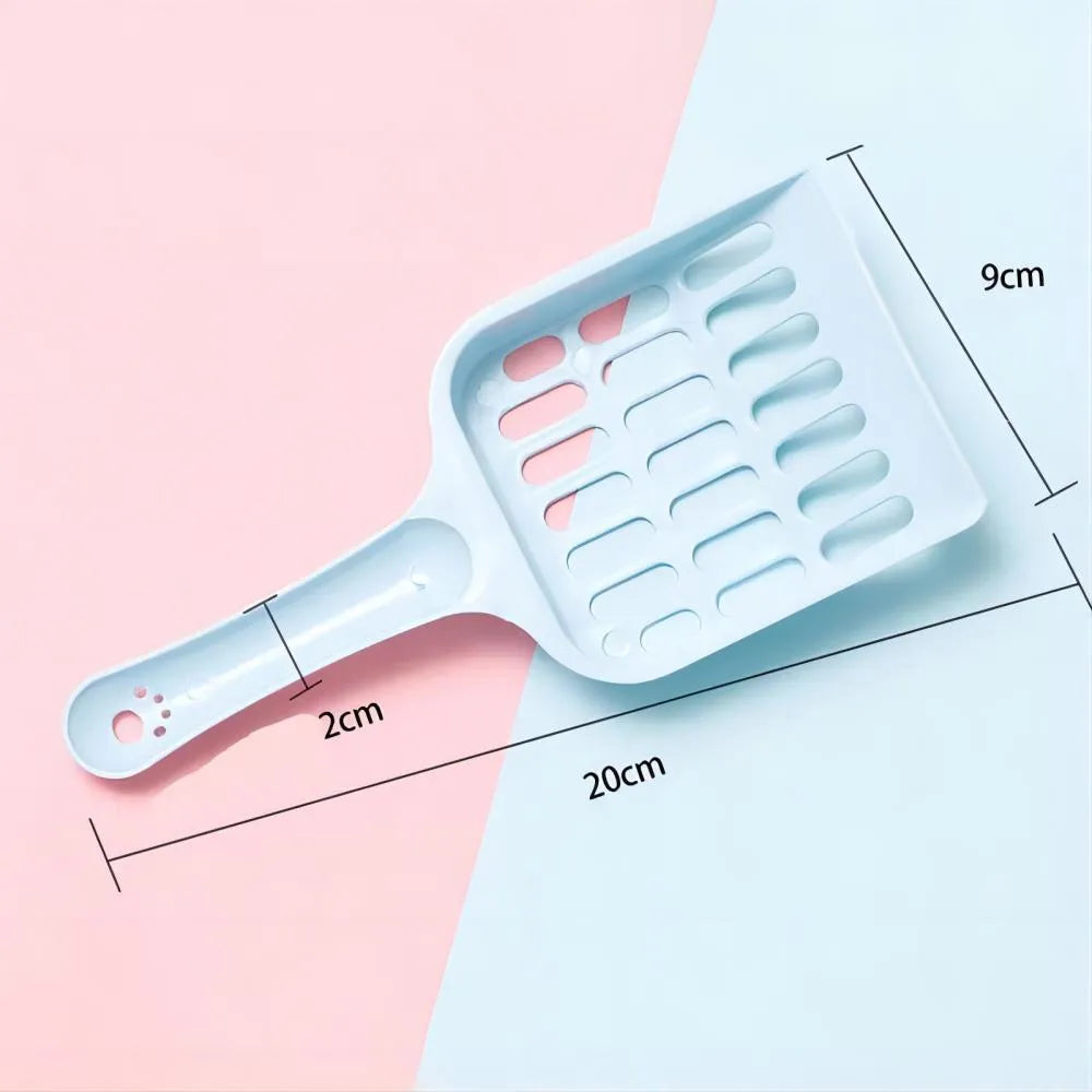 Blue plastic cat litter scoop showing 20cm length and 9cm wide head for cleaning pet toilet trays.