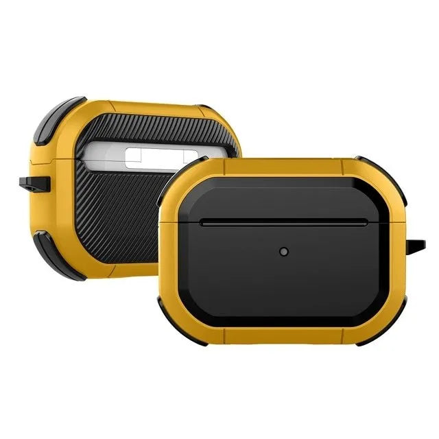 Hard protective shell case for Apple AirPods shown in multiple colours: black, red, pink, green, and yellow.