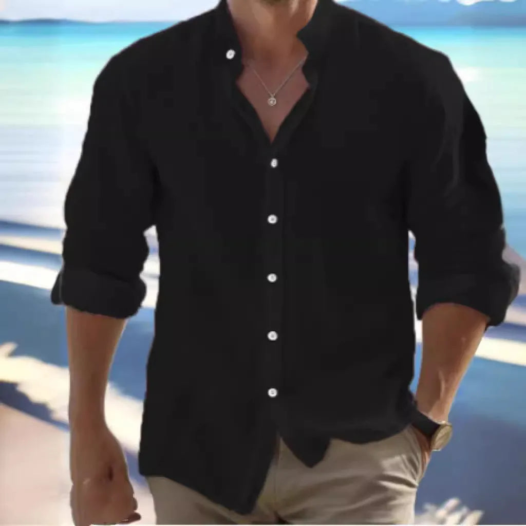 Men's light grey long-staple cotton casual button summer shirt on a hanger