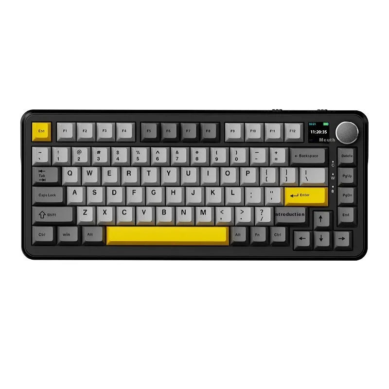 Three-mode mechanical keyboard with hot-swappable switches in black, grey and yellow colour scheme