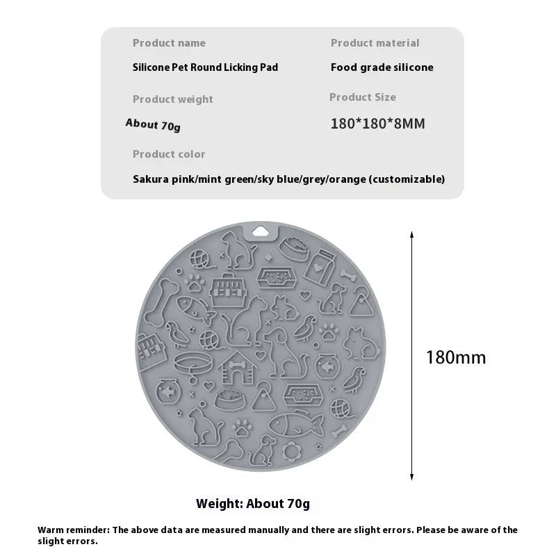 Round silicone pet licking mat with textured grooves and a sucker base, shown in blue colour.