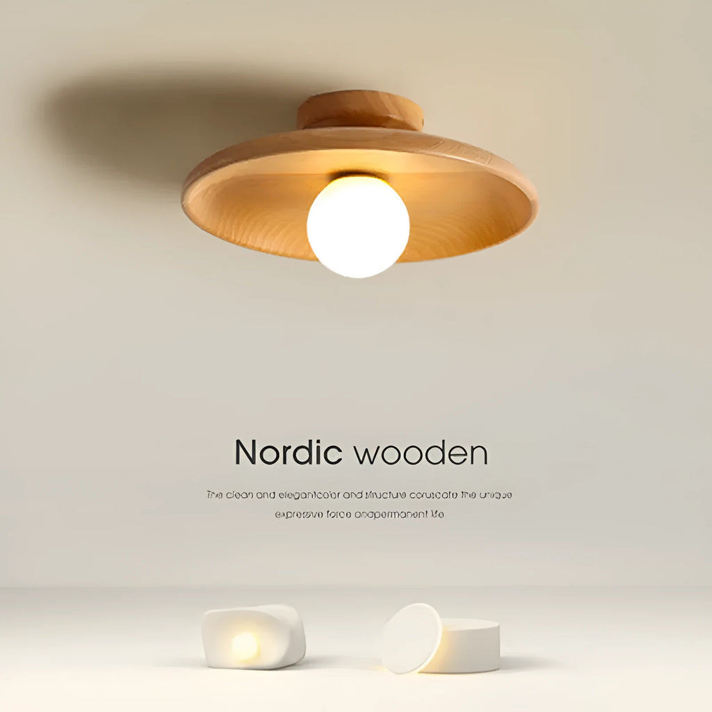 Solid wood and glass modern minimalist ceiling lamp shown in wood and walnut colours