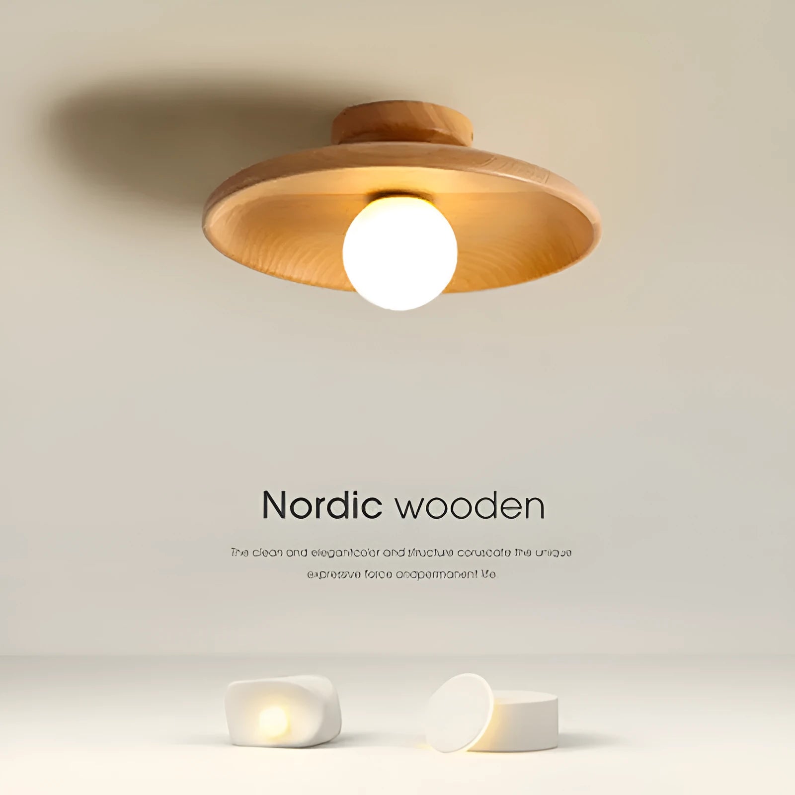 Solid wood and glass modern minimalist ceiling lamp shown in wood and walnut colours