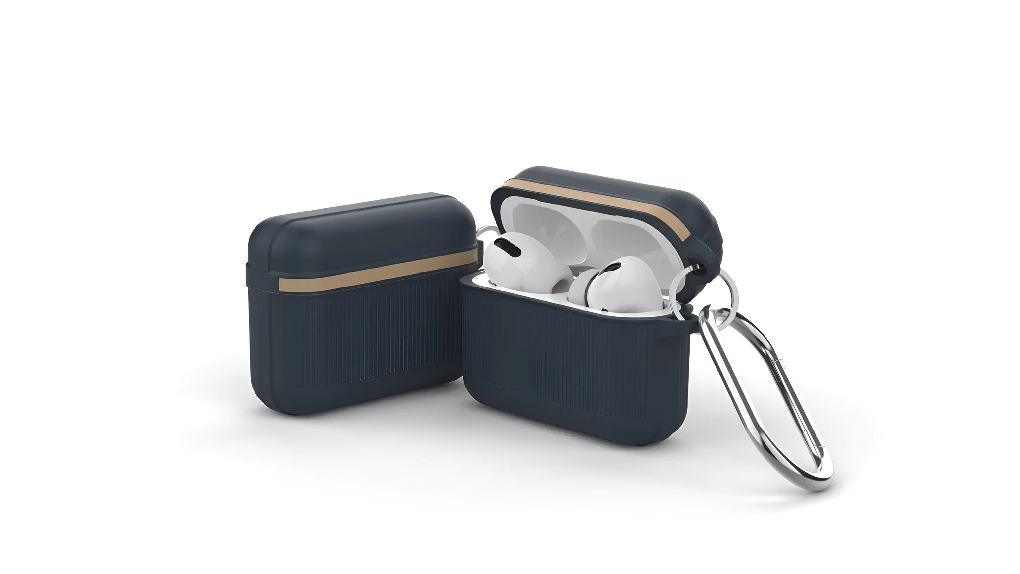 Silicone clamshell protective case for Apple AirPods with a metal buckle closure in six colour options.