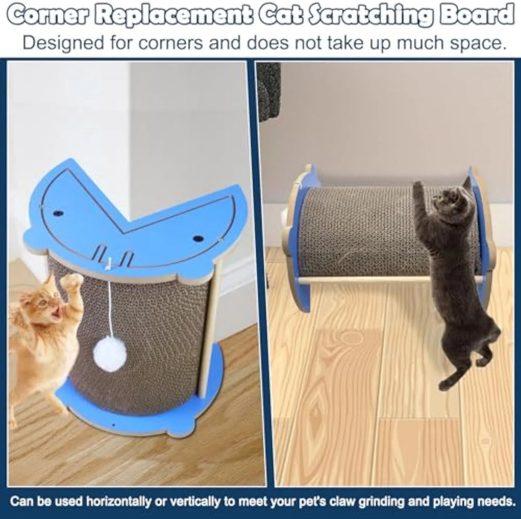 Cat corner scratching pad mounted on wall with replaceable scratching board and hanging ball
