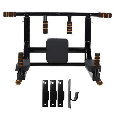 Black wall-mounted metal fitness station with sandbag rack and integrated parallel bars for pull-ups.