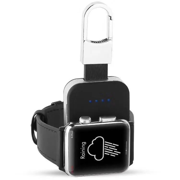 Black Apple Watch portable power bank keychain charger with wireless charging capability