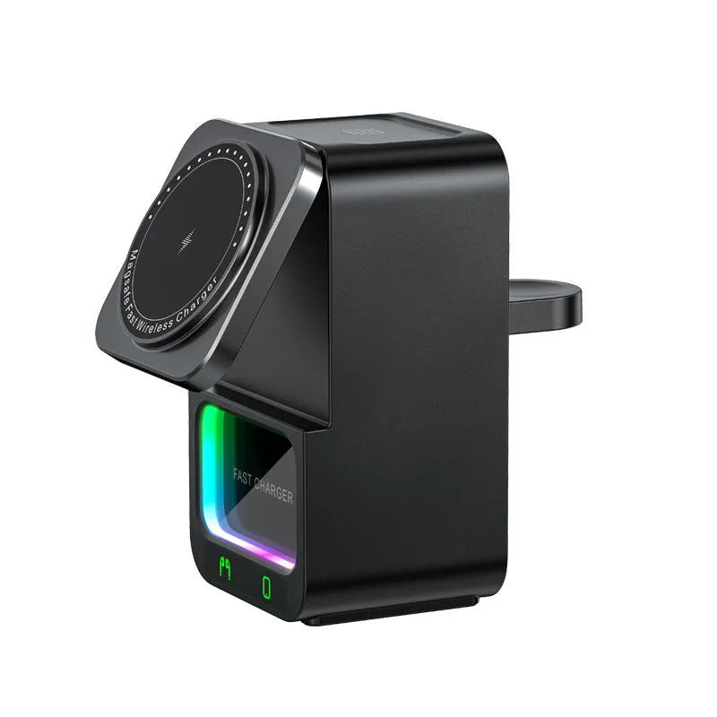 5-in-1 Bluetooth speaker wireless charger in black with QC3.0 fast charge and magnetic support