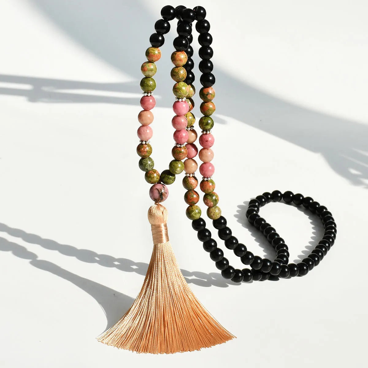 108 natural stone tassel long necklace with mixed gem pendant in boho style, unisex, 81cm plus circumference