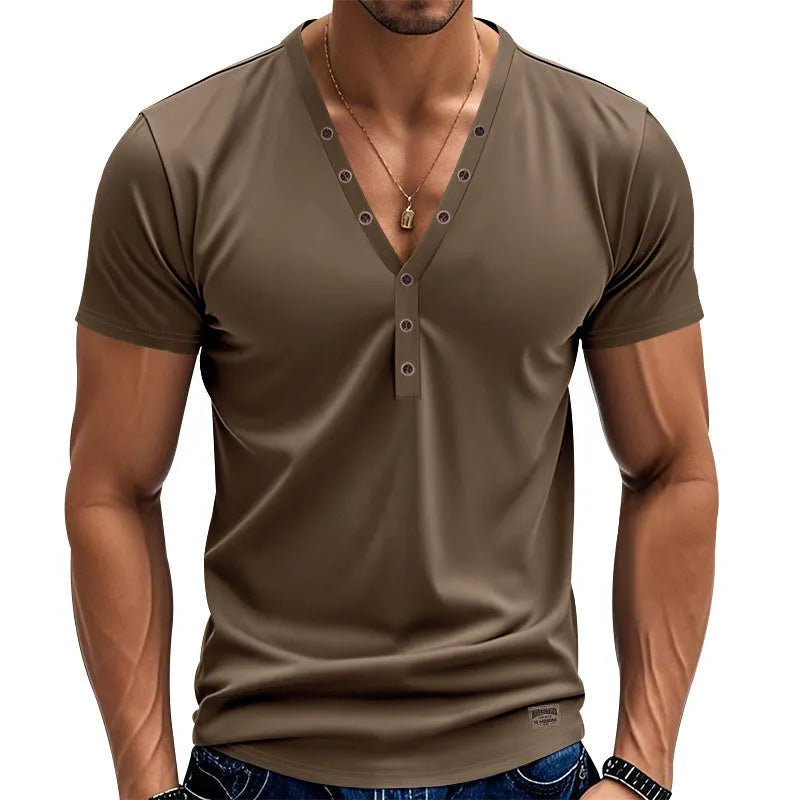 Men's loose fit V-neck pullover top with button design in chemical fibre blend fabric