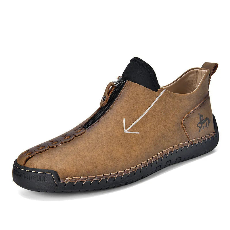 Men's black casual zip-up Martin boots with round toe and low heel on a white background.