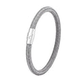 Titanium steel geometric wire bracelet with magnet socket closure in silver tone.