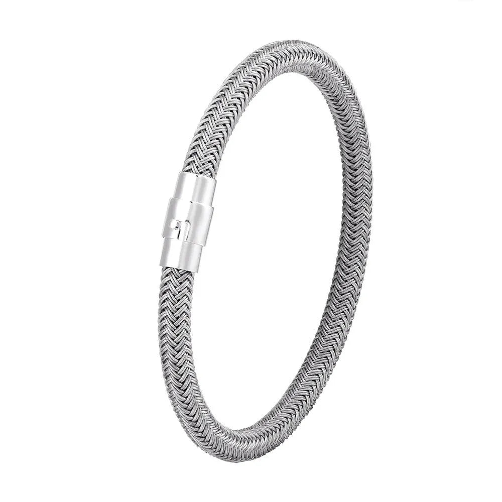 Titanium steel geometric wire bracelet with magnet socket closure in silver tone.