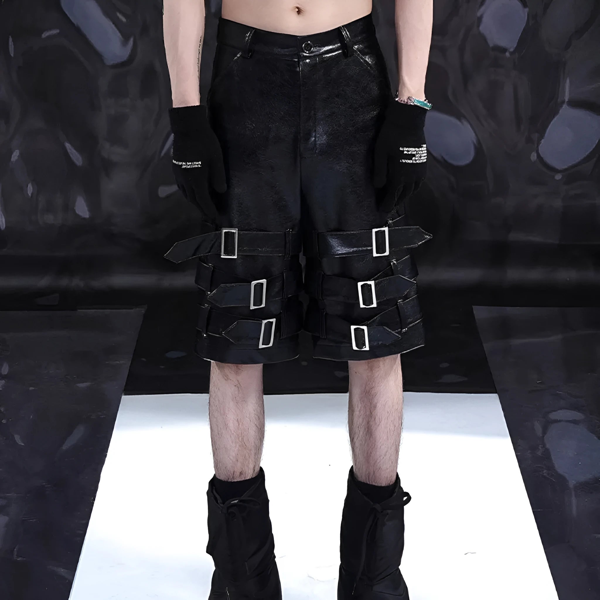 Men's black PU leather cropped shorts with leather ring details on a mannequin.