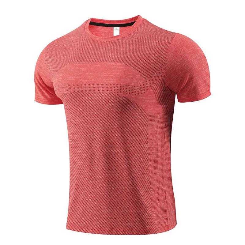 Men's short sleeve polyester spandex running t-shirt in red, shown with size label.