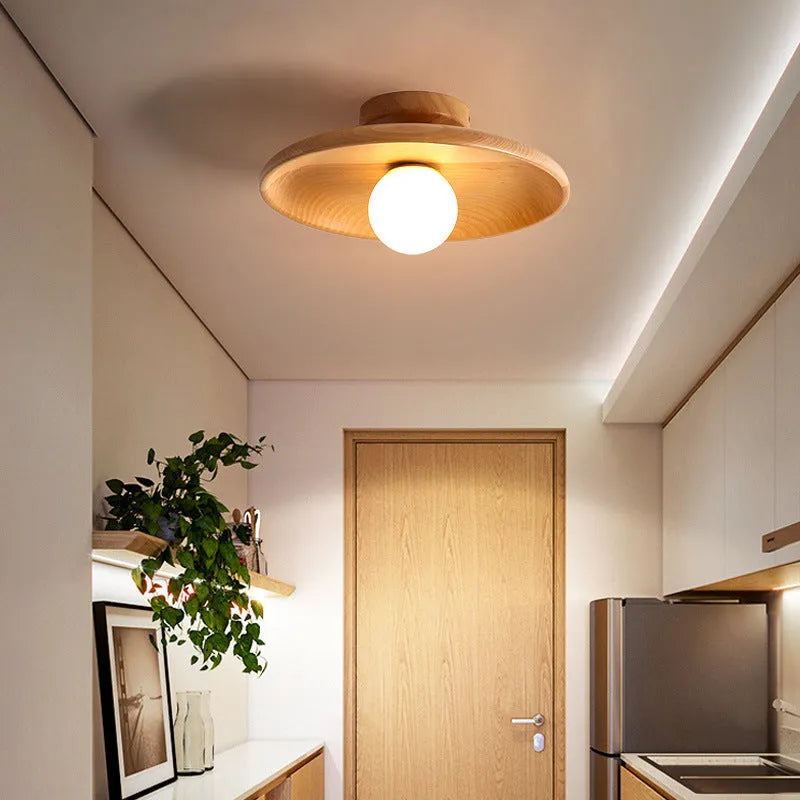 Solid wood and glass modern minimalist ceiling lamp shown in wood and walnut colours