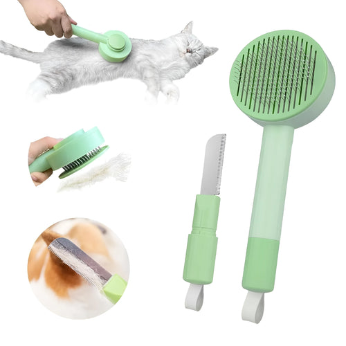 Green and yellow pet grooming brush with stainless steel teeth for cats and dogs