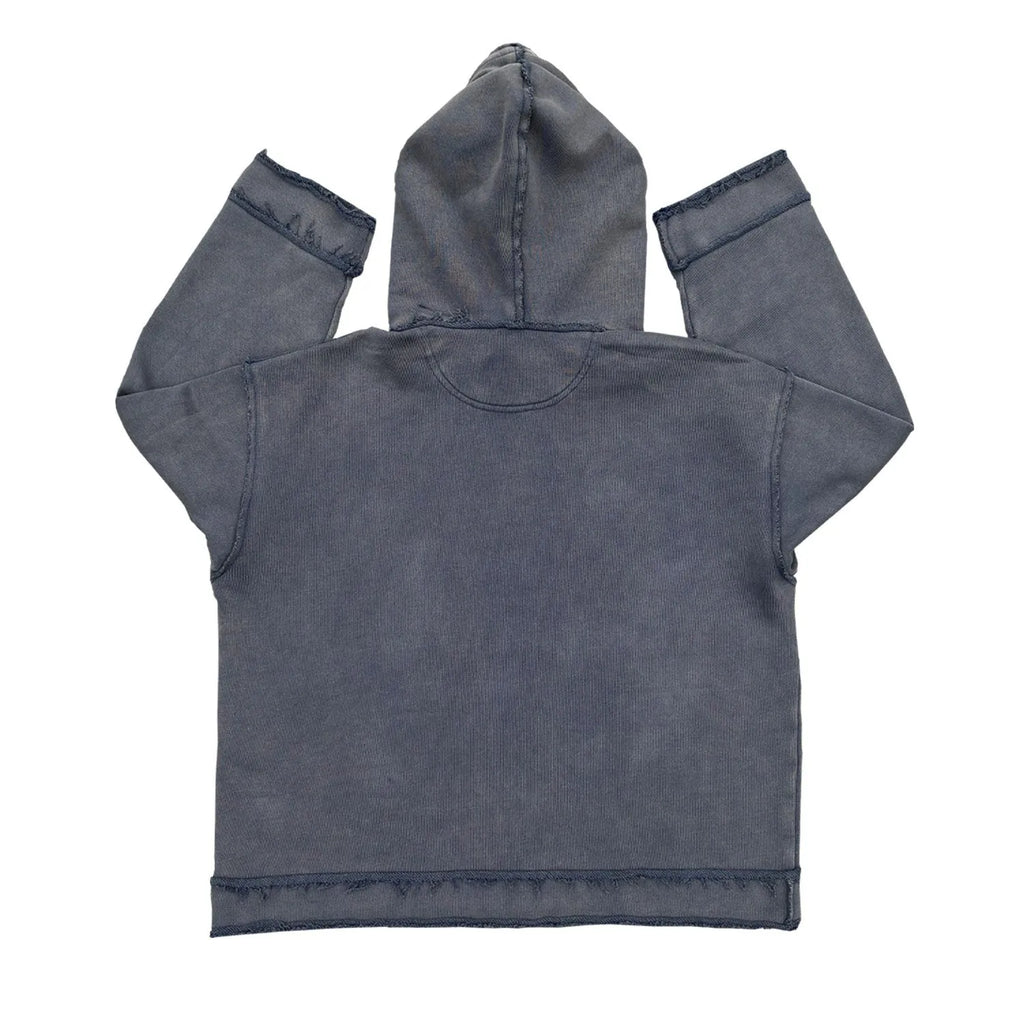 Dark blue reverse colour hoodie sweater with a front kangaroo pocket and hood.