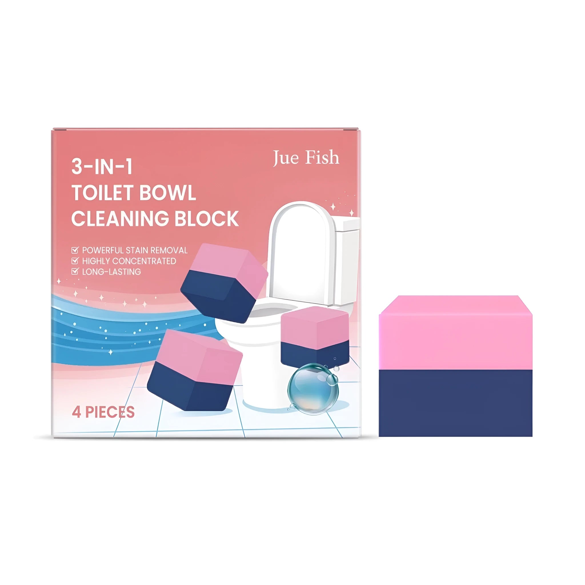 Four three-in-one automatic toilet cleaning blocks for drop-in cistern use with sodium bicarbonate and citric acid formula