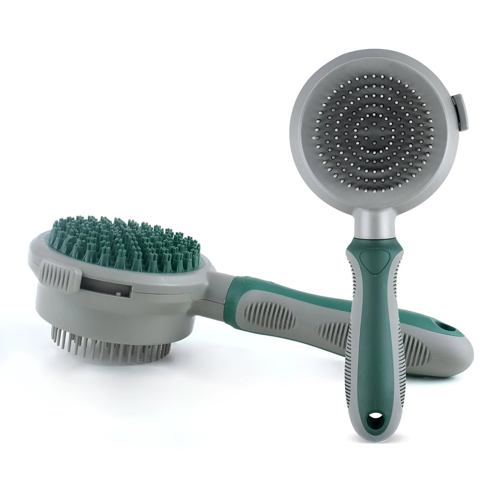 Green two-sided pet brush with slicker pins on one side and silicone massage teeth on other side