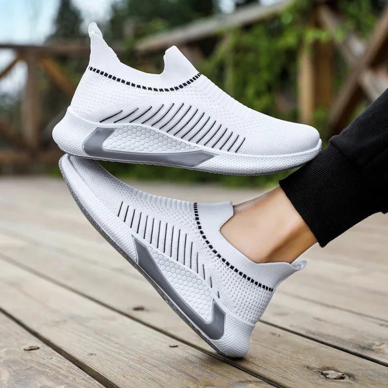 Men's striped mesh sock shoes with flyknit upper and lace-up front in three colour options