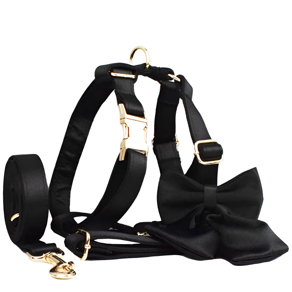 Cloth dog collar leash set with bow and vest in multiple colours and sizes S M L XL
