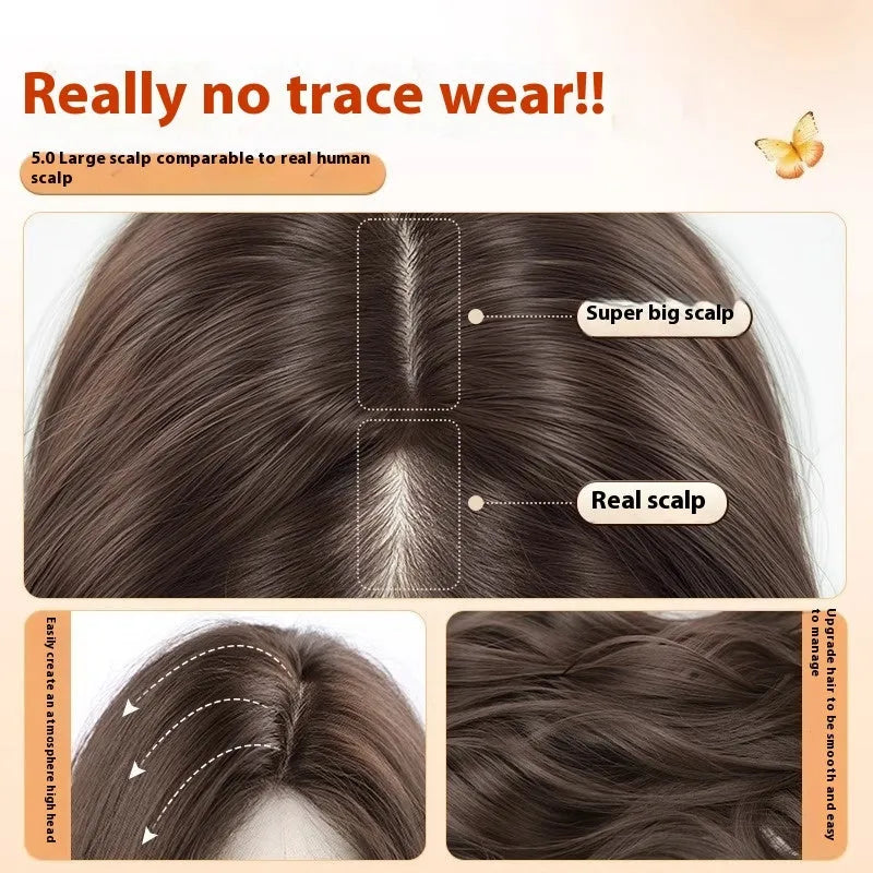 Female full-head wig with natural long curly hair and side bangs in Brown Black high temperature fibre style
