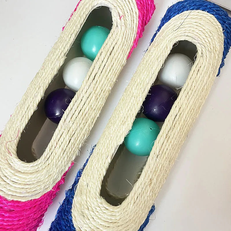 Sisal cat toy with plastic ball in blue colour, 28.5cm long, on white background